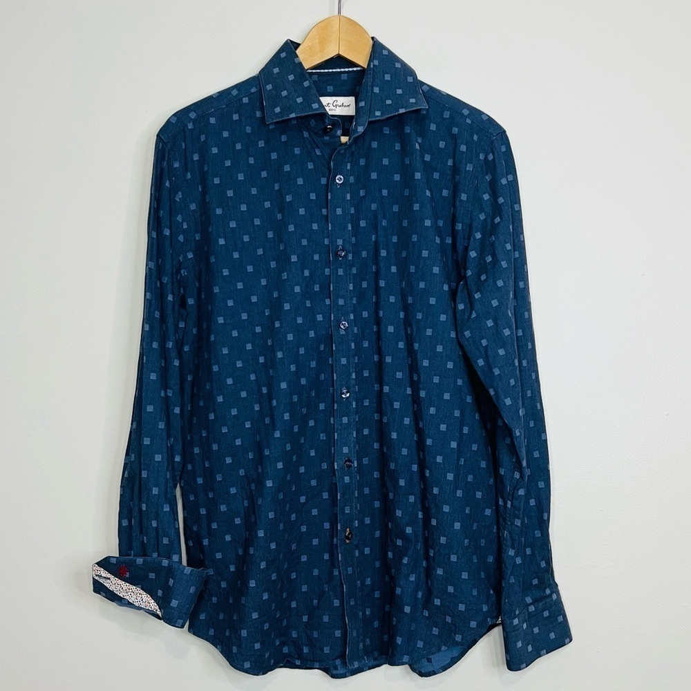 Robert Graham Navy Square Pattern Button Up Shirt 39|16.5